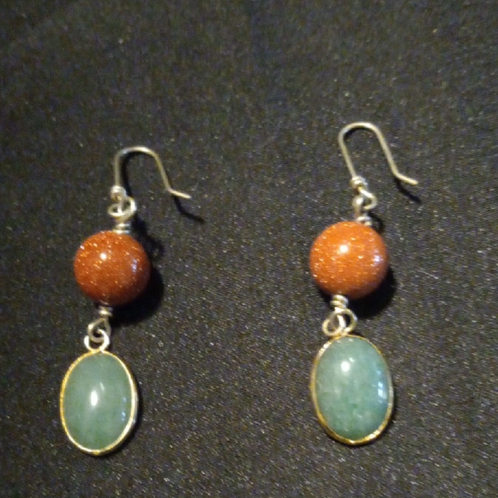 Elegant Goldstone and Green Jade Drop Earrings
